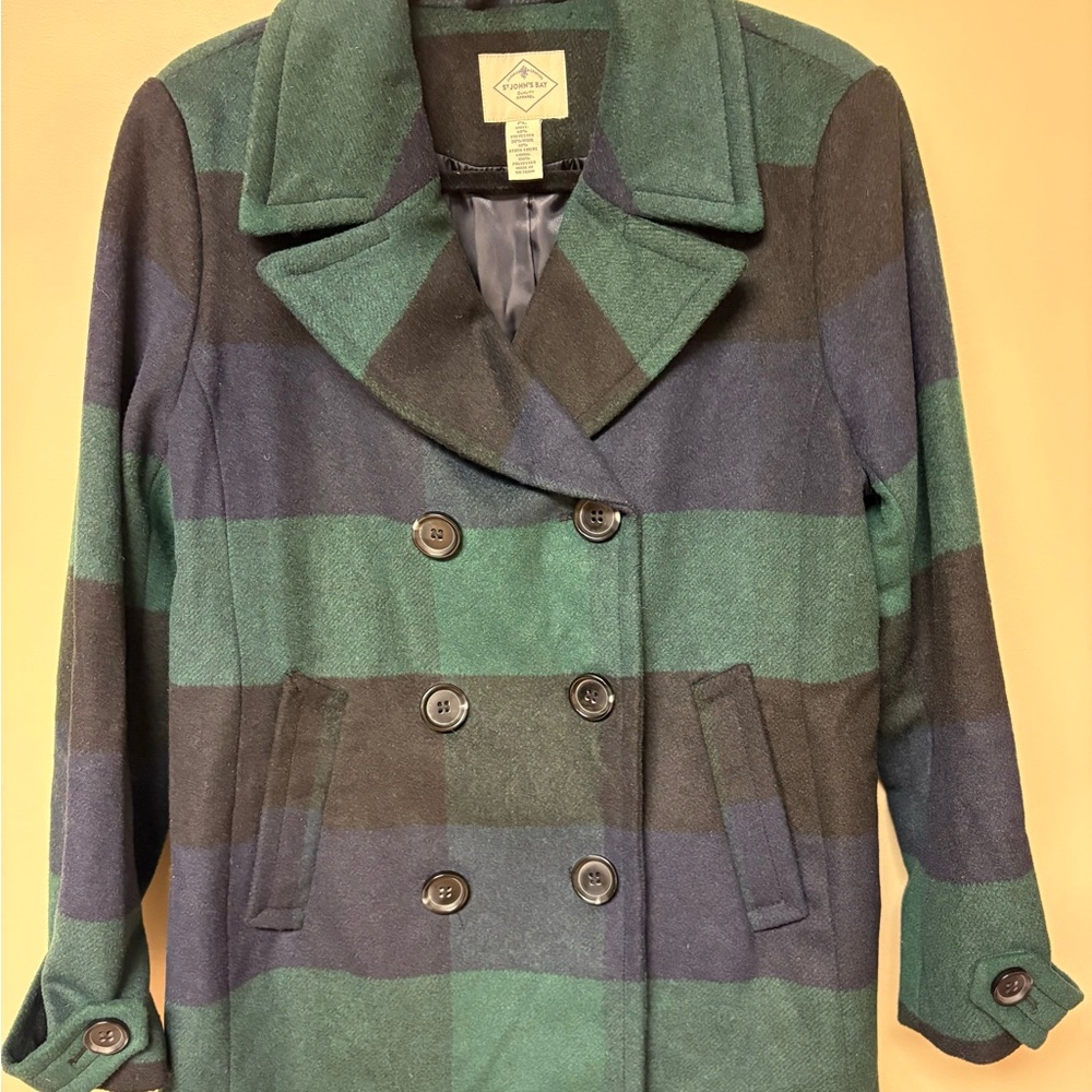St. John's Bay Green and Black Plaid Pea Coat